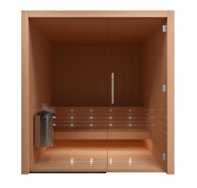 Fínska sauna Auroom LIBERA 200x250 s presklenou stenou, thermowood osika